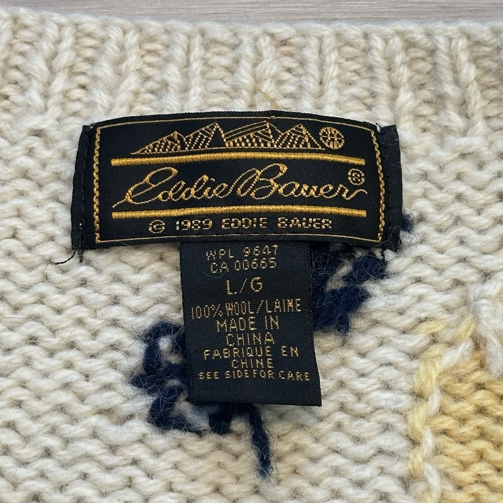VTG 1989 Eddie Bauer Women's Hand Knit Wool Cardigan Sweater Nordic Ski Scene Lg - Picture 10 of 13
